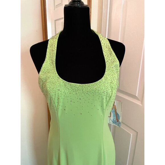 New Niki Livas Lime Green Evening Dress Gown Sz 12 Rhinestone Halter Open Back - Picture 2 of 13